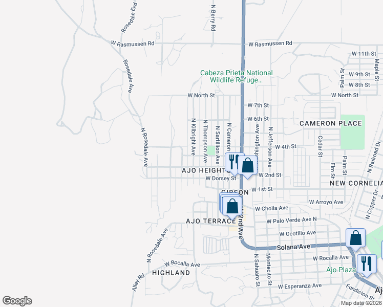 map of restaurants, bars, coffee shops, grocery stores, and more near 1201 North Kilbright Avenue in Ajo