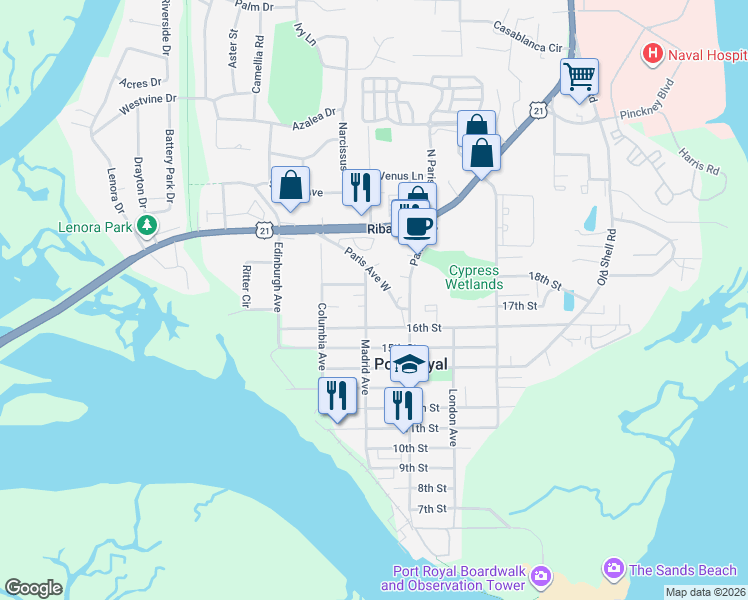 map of restaurants, bars, coffee shops, grocery stores, and more near 1621 Paris Avenue West in Port Royal