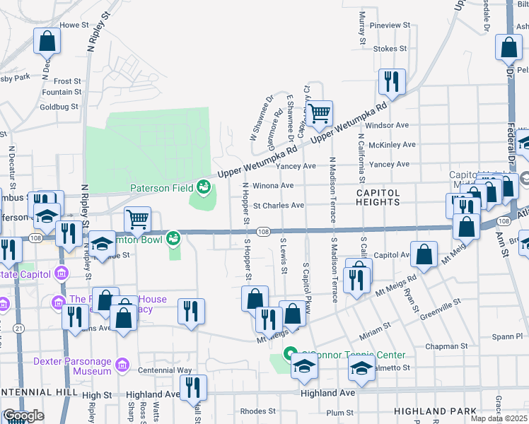 map of restaurants, bars, coffee shops, grocery stores, and more near 1527 Saint Charles Avenue in Montgomery
