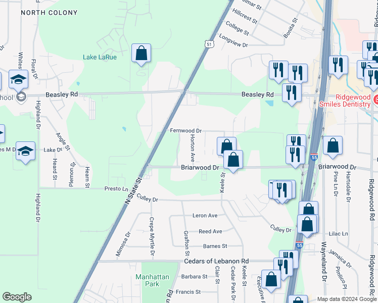 map of restaurants, bars, coffee shops, grocery stores, and more near 5755 Horton Avenue in Jackson