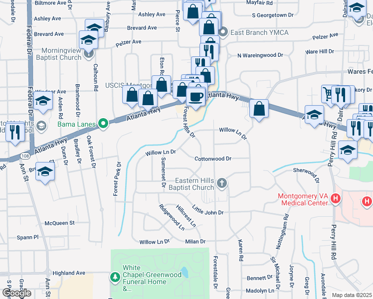 map of restaurants, bars, coffee shops, grocery stores, and more near 3309 Cottonwood Drive in Montgomery