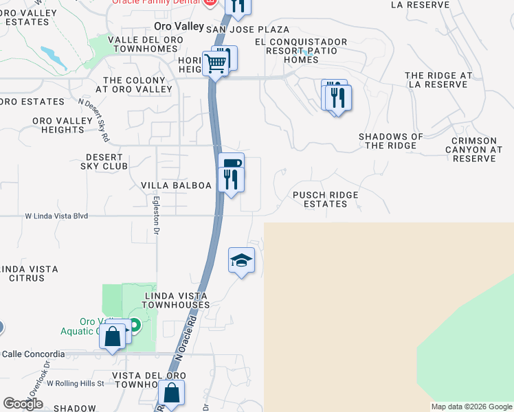 map of restaurants, bars, coffee shops, grocery stores, and more near 9701 North Cliff View Place in Oro Valley