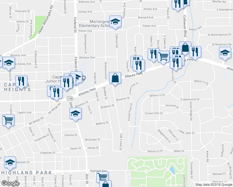map of restaurants, bars, coffee shops, grocery stores, and more near 17 Oak Forest Drive in Montgomery
