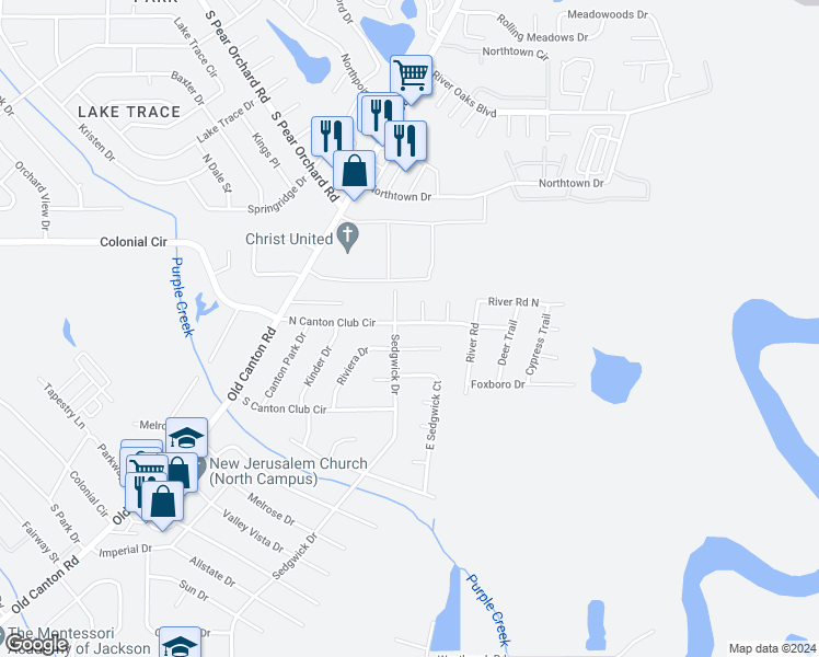 map of restaurants, bars, coffee shops, grocery stores, and more near 485 North Canton Club Circle in Jackson
