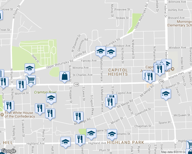map of restaurants, bars, coffee shops, grocery stores, and more near 1716 Saint Charles Avenue in Montgomery