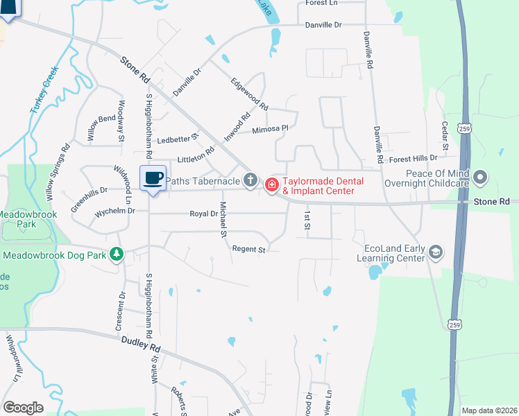 map of restaurants, bars, coffee shops, grocery stores, and more near 3003 Royal Drive in Kilgore
