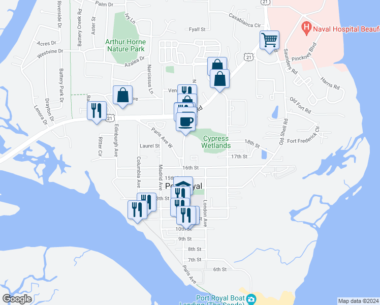 map of restaurants, bars, coffee shops, grocery stores, and more near 106 Tamara Lane in Port Royal