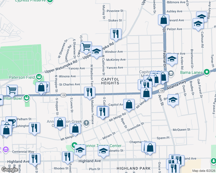 map of restaurants, bars, coffee shops, grocery stores, and more near 109 North California Street in Montgomery