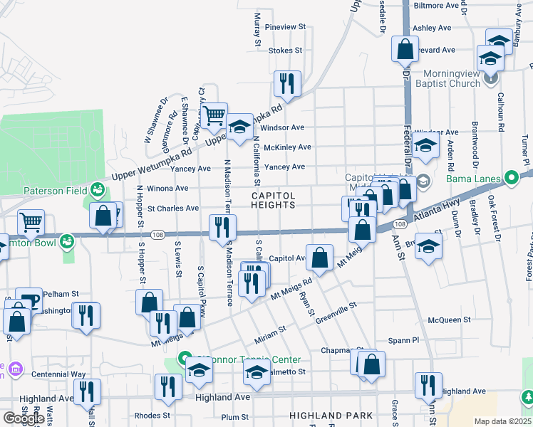 map of restaurants, bars, coffee shops, grocery stores, and more near 109 North California Street in Montgomery