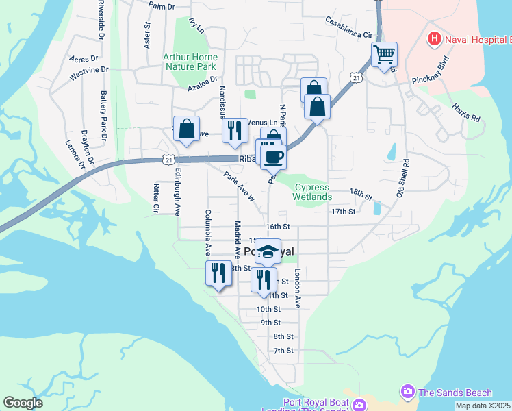 map of restaurants, bars, coffee shops, grocery stores, and more near 1621 Paris Avenue West in Port Royal