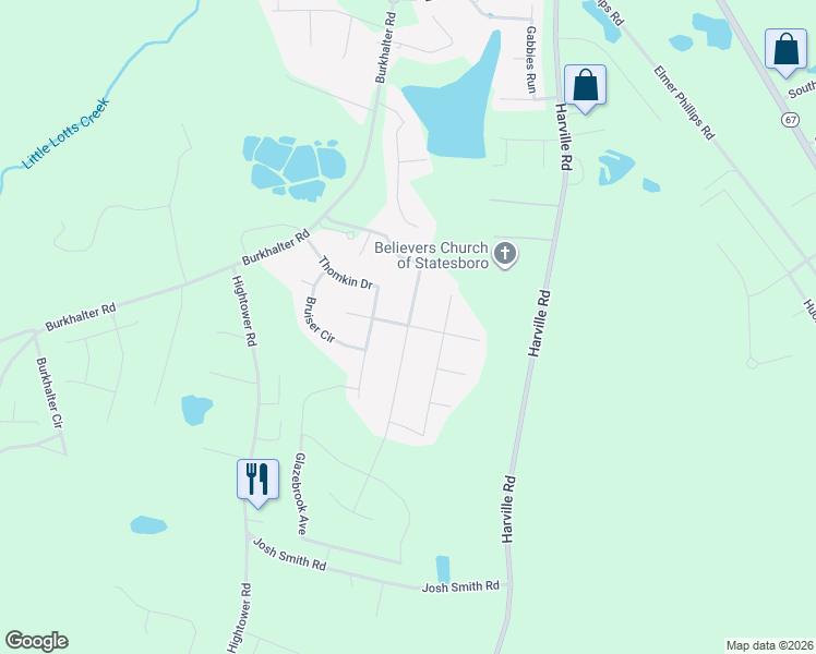 map of restaurants, bars, coffee shops, grocery stores, and more near Booster Blvd in Statesboro