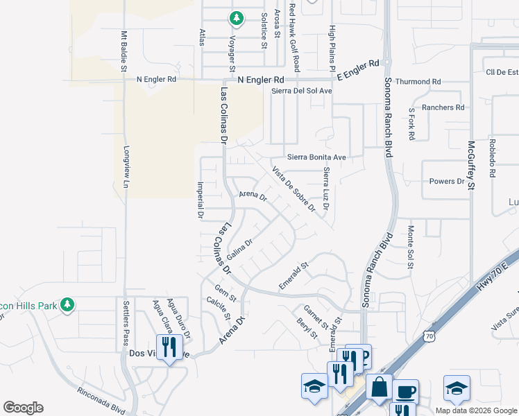 map of restaurants, bars, coffee shops, grocery stores, and more near 5175 Arena Drive in Las Cruces