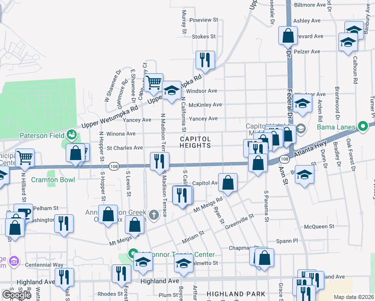 map of restaurants, bars, coffee shops, grocery stores, and more near 109 North California Street in Montgomery