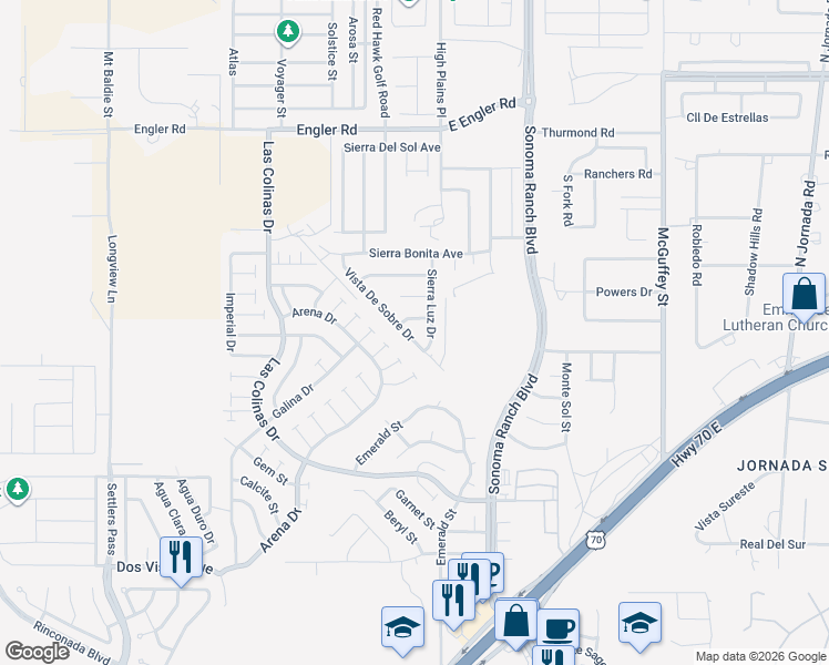 map of restaurants, bars, coffee shops, grocery stores, and more near 7348 Vista De Sobre Drive in Las Cruces