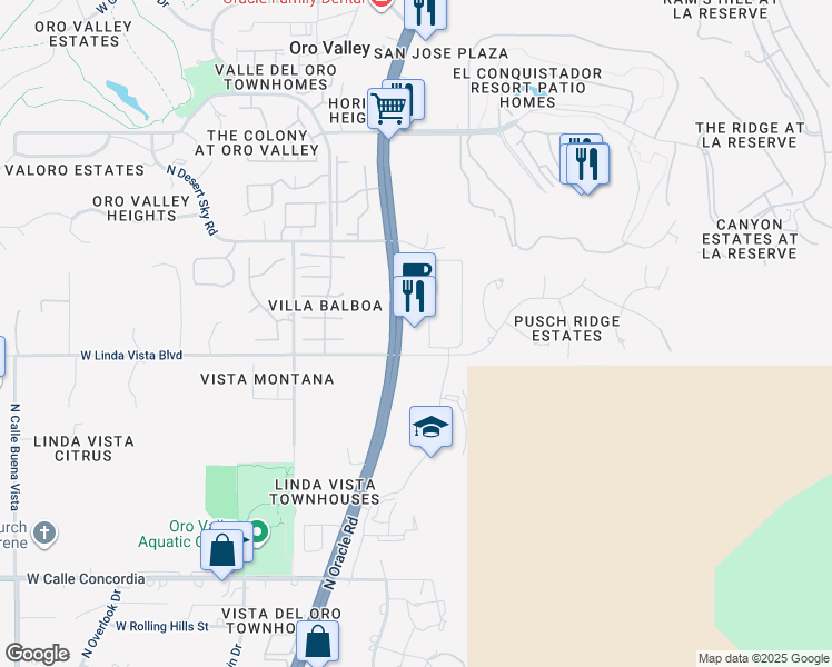 map of restaurants, bars, coffee shops, grocery stores, and more near 9630 North Oracle Road in Oro Valley