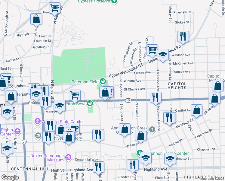 map of restaurants, bars, coffee shops, grocery stores, and more near 59 Vonora Avenue in Montgomery