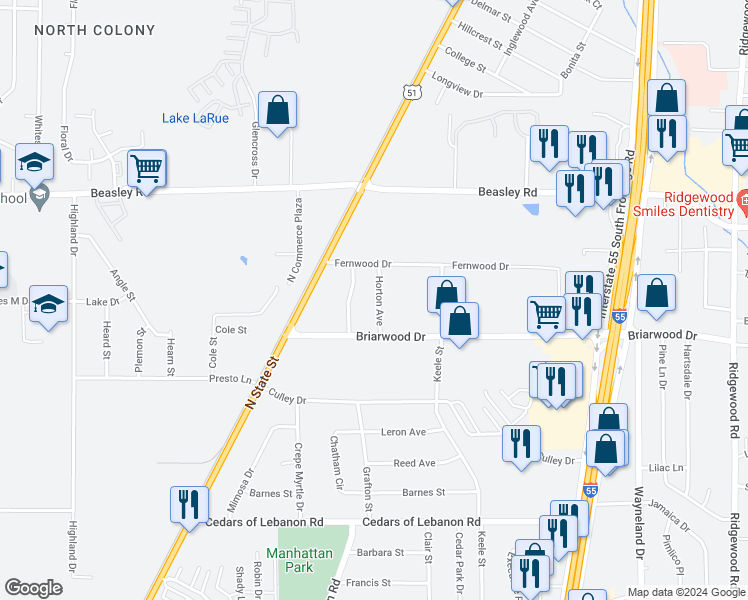 map of restaurants, bars, coffee shops, grocery stores, and more near 5755 Horton Avenue in Jackson