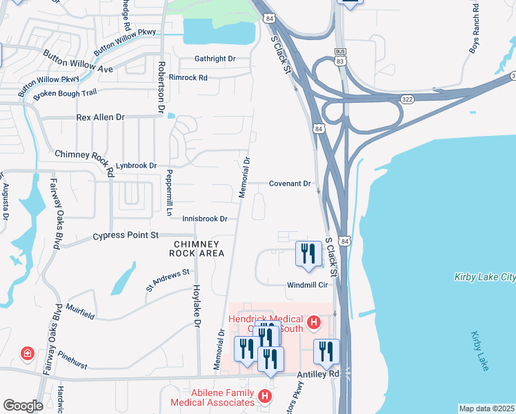 map of restaurants, bars, coffee shops, grocery stores, and more near 2225 Covenant Drive in Abilene