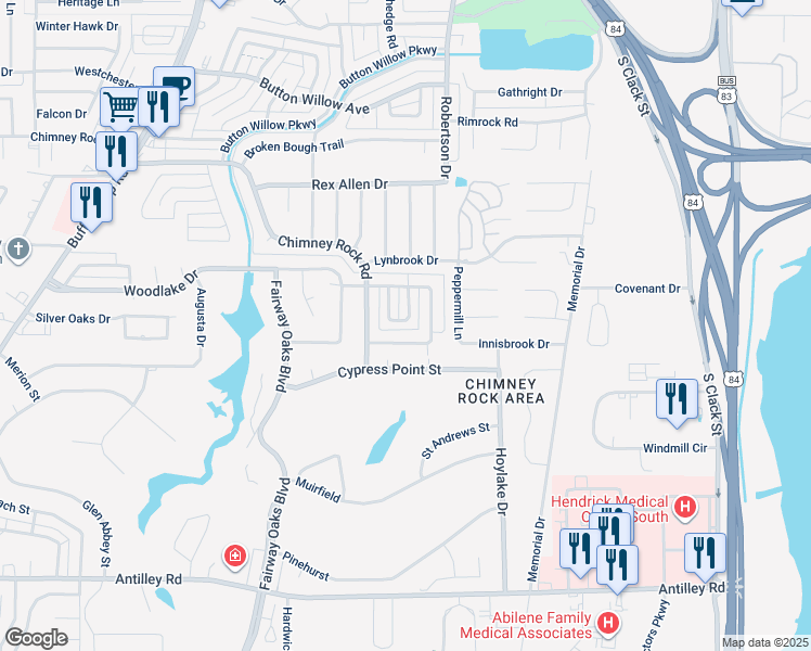 map of restaurants, bars, coffee shops, grocery stores, and more near 26 Wynrush Circle in Abilene