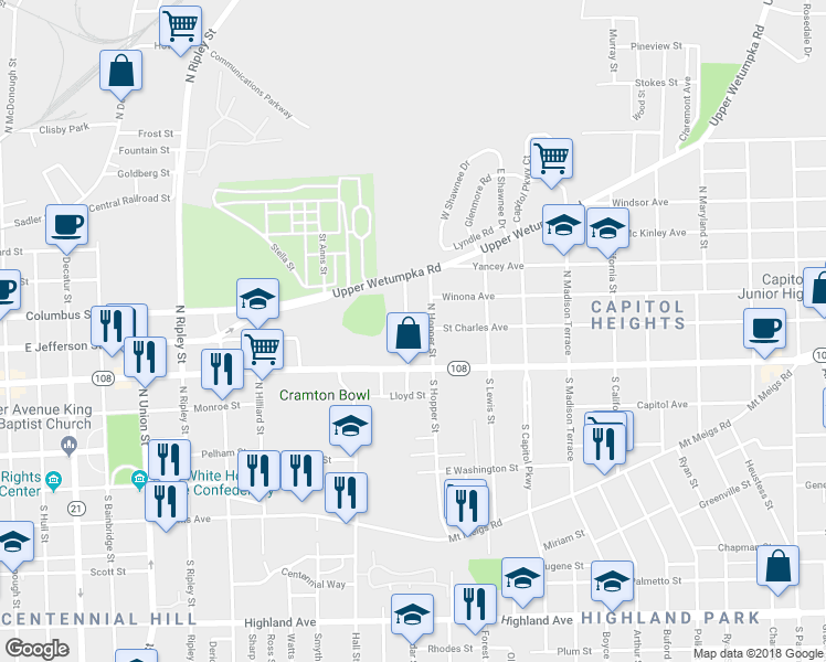 map of restaurants, bars, coffee shops, grocery stores, and more near 42 Vonora Avenue in Montgomery