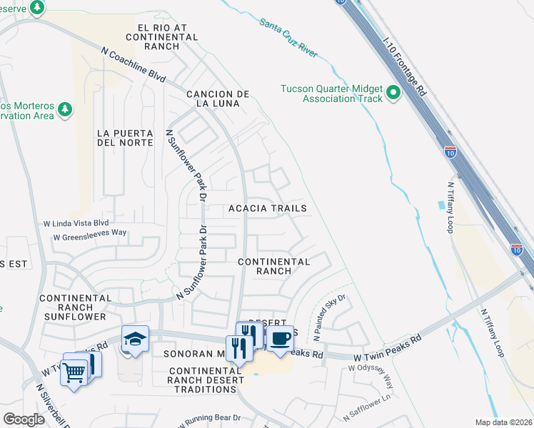 map of restaurants, bars, coffee shops, grocery stores, and more near 9679 North Deimos Drive in Tucson