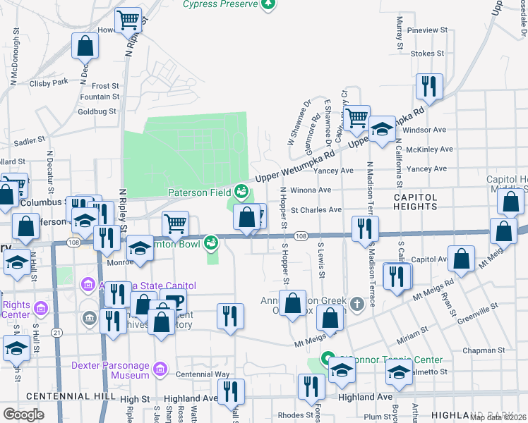 map of restaurants, bars, coffee shops, grocery stores, and more near 59 Vonora Avenue in Montgomery