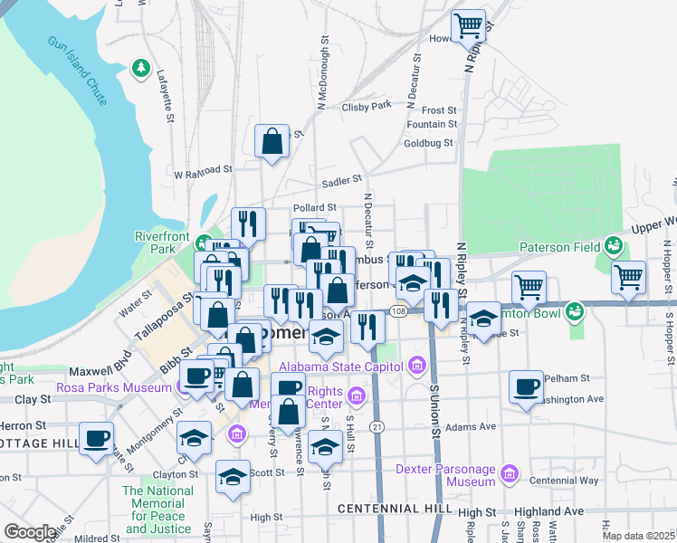 map of restaurants, bars, coffee shops, grocery stores, and more near 325 N Hull St in Montgomery