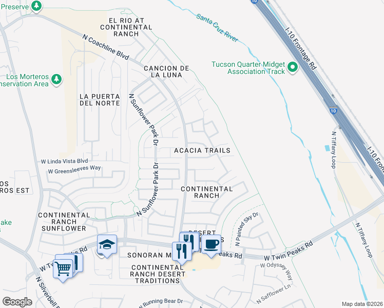 map of restaurants, bars, coffee shops, grocery stores, and more near 9679 North Deimos Drive in Tucson