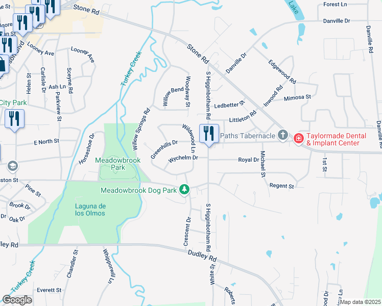 map of restaurants, bars, coffee shops, grocery stores, and more near 2512 Greenhills Drive in Kilgore
