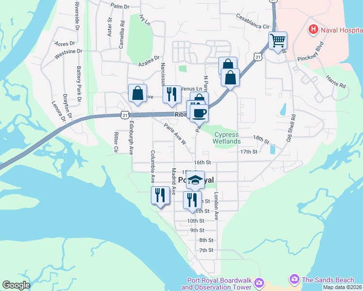 map of restaurants, bars, coffee shops, grocery stores, and more near 1621 Paris Avenue West in Port Royal