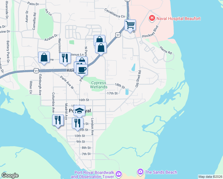 map of restaurants, bars, coffee shops, grocery stores, and more near 706 Jem Lane in Port Royal