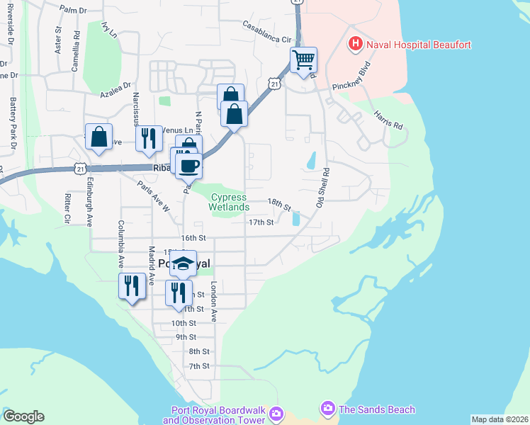 map of restaurants, bars, coffee shops, grocery stores, and more near 706 Jem Lane in Port Royal