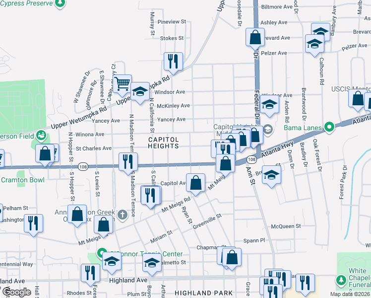 map of restaurants, bars, coffee shops, grocery stores, and more near 2041 Saint Charles Avenue in Montgomery