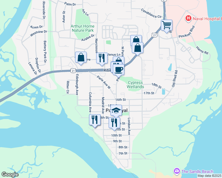 map of restaurants, bars, coffee shops, grocery stores, and more near 1614 Paris Avenue West in Port Royal