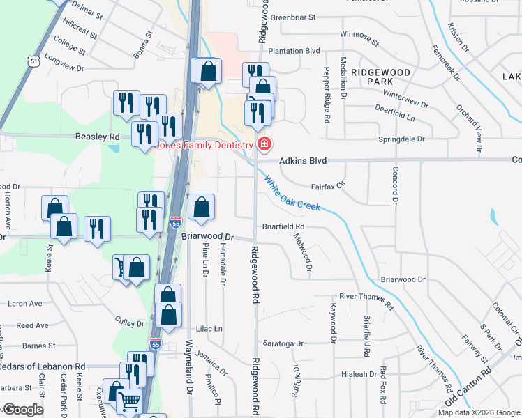 map of restaurants, bars, coffee shops, grocery stores, and more near 829 Timberlain Drive in Jackson
