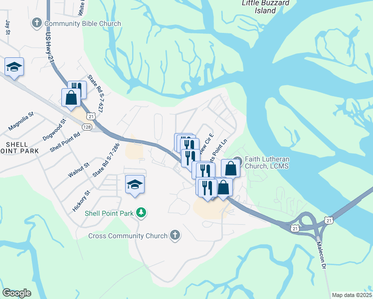 map of restaurants, bars, coffee shops, grocery stores, and more near 919 West Belleview Circle in Beaufort