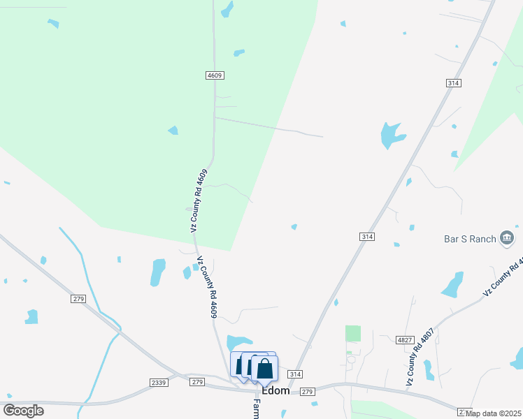 map of restaurants, bars, coffee shops, grocery stores, and more near 3031 County Road 4609 in Edom