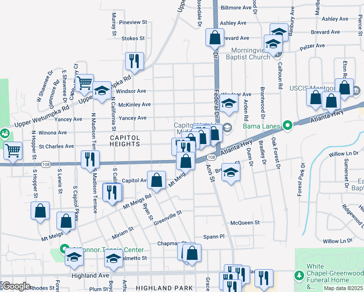 map of restaurants, bars, coffee shops, grocery stores, and more near 2212 Saint Charles Avenue in Montgomery