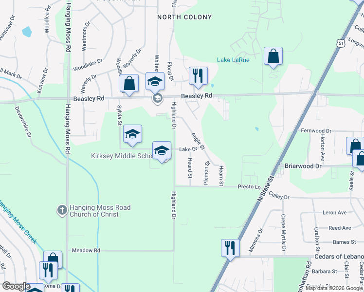 map of restaurants, bars, coffee shops, grocery stores, and more near 446 Lake Drive in Jackson