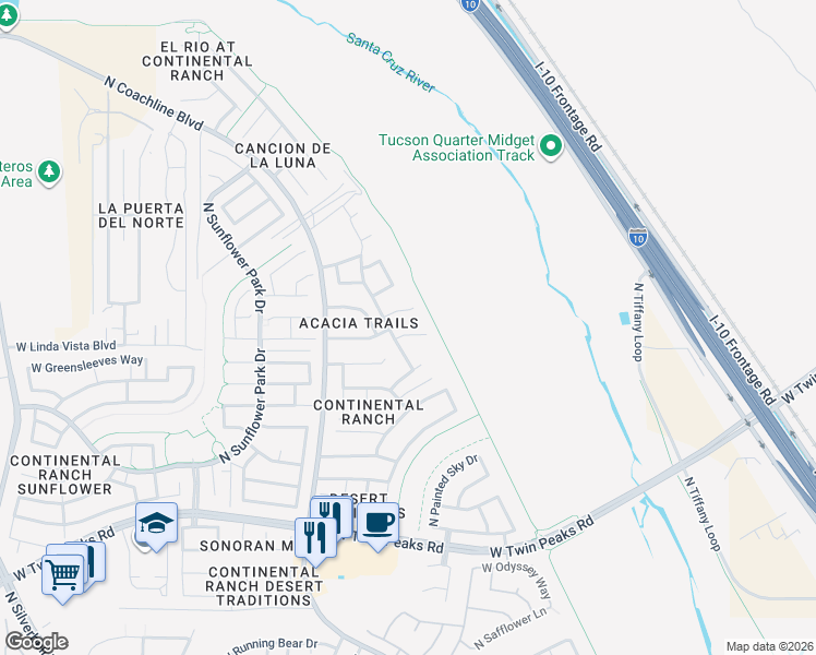map of restaurants, bars, coffee shops, grocery stores, and more near 7419 West Dream Maker Place in Tucson
