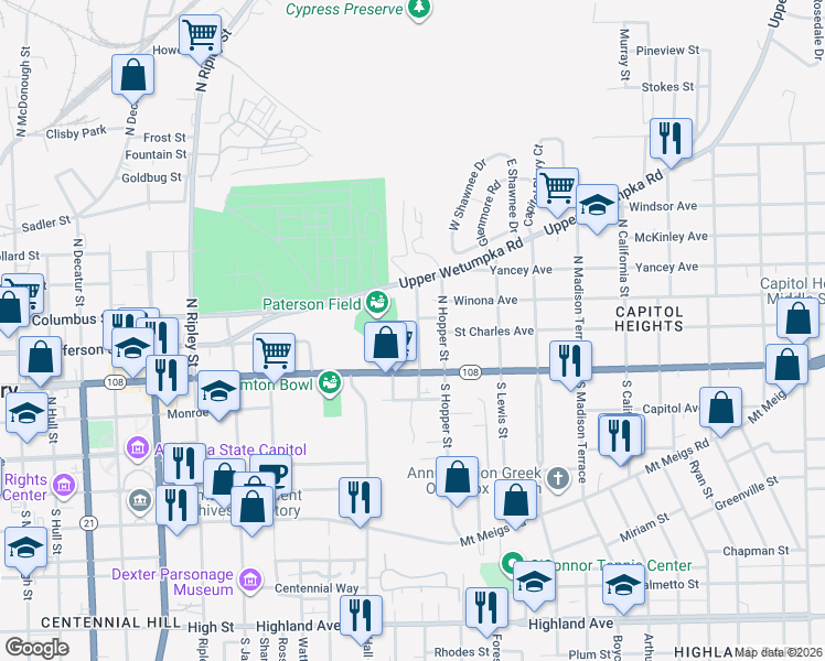 map of restaurants, bars, coffee shops, grocery stores, and more near 59 Vonora Avenue in Montgomery