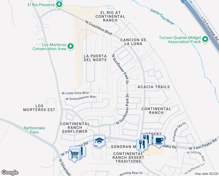 map of restaurants, bars, coffee shops, grocery stores, and more near 7826 West Linda Vista Boulevard in Tucson