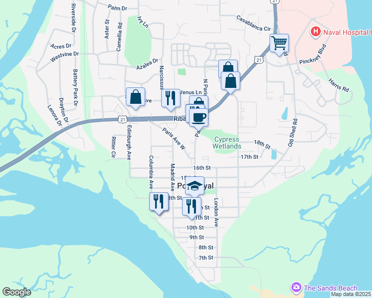 map of restaurants, bars, coffee shops, grocery stores, and more near 1618 Paris Avenue West in Port Royal