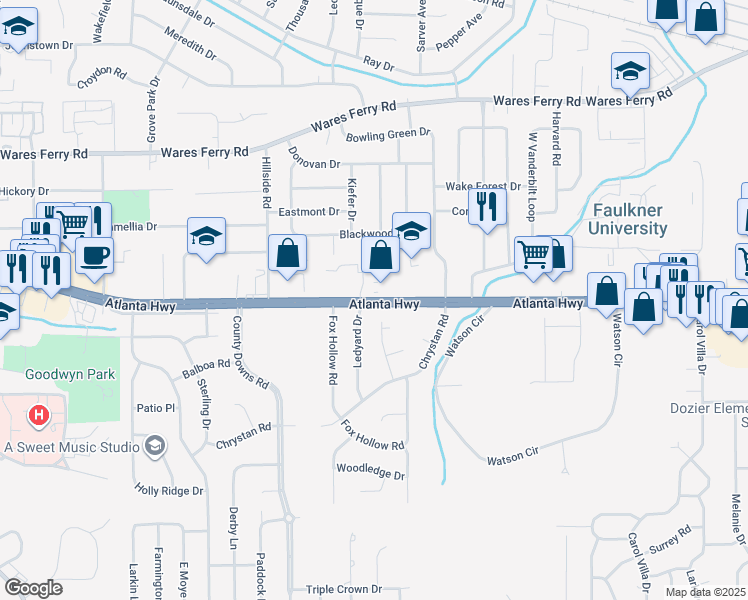 map of restaurants, bars, coffee shops, grocery stores, and more near 2 Gaylan Court in Montgomery