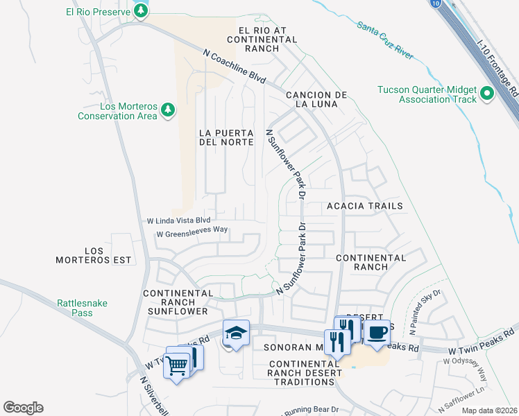 map of restaurants, bars, coffee shops, grocery stores, and more near 7826 West Linda Vista Boulevard in Tucson
