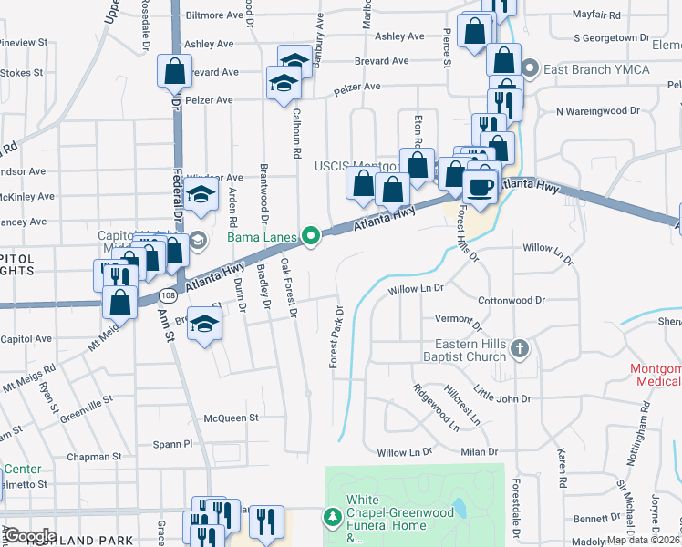 map of restaurants, bars, coffee shops, grocery stores, and more near 367 Forest Park Drive in Montgomery