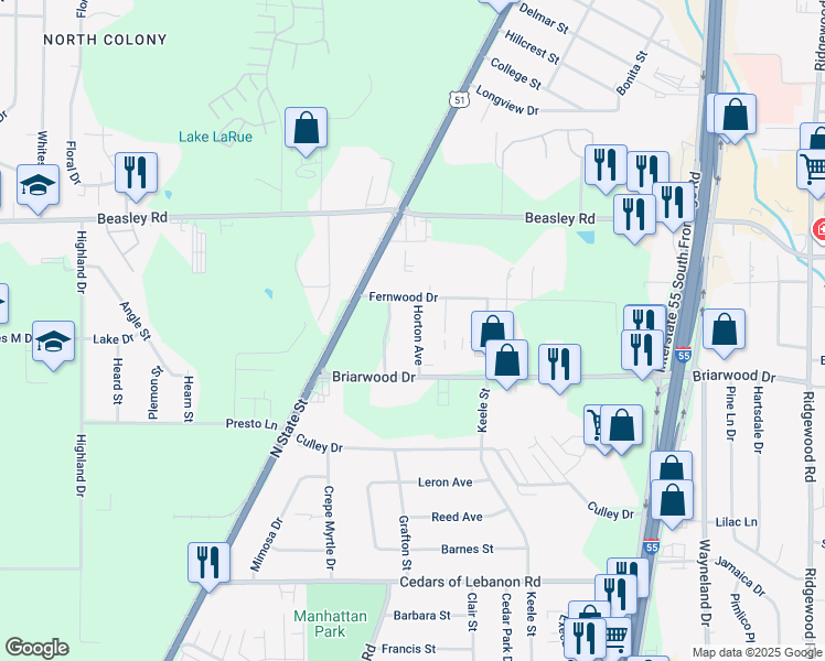 map of restaurants, bars, coffee shops, grocery stores, and more near 5755 Horton Avenue in Jackson