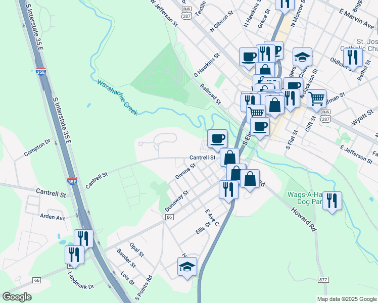 map of restaurants, bars, coffee shops, grocery stores, and more near 710 Cantrell Street in Waxahachie