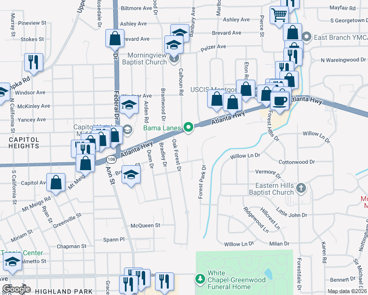 map of restaurants, bars, coffee shops, grocery stores, and more near 18 Mimosa Drive in Montgomery