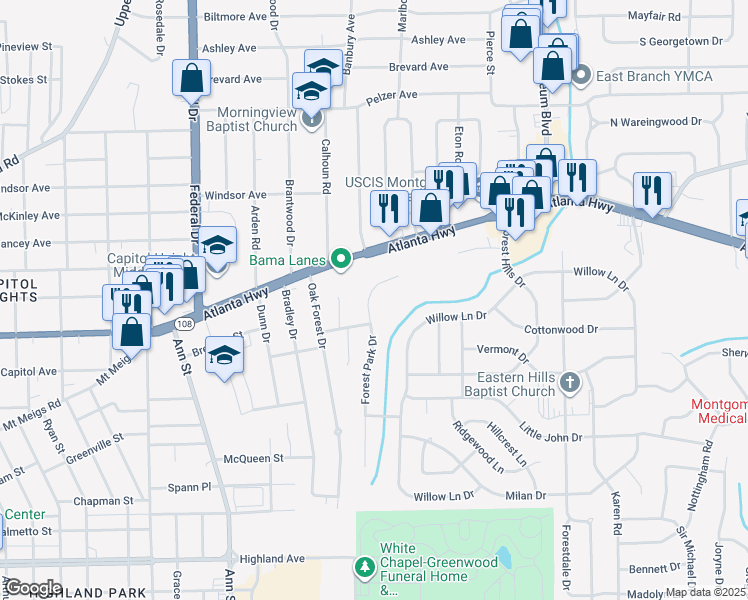 map of restaurants, bars, coffee shops, grocery stores, and more near 367 Forest Park Drive in Montgomery